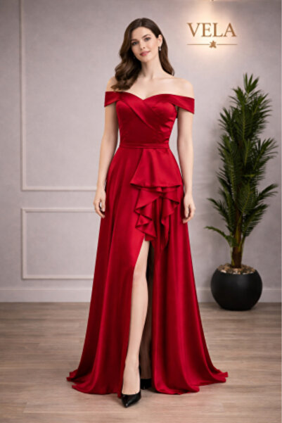 vela Royal Red Off Shoulder Evening Dress with Side Draping