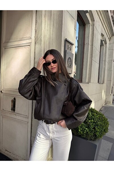 Ekim Store Δερμάτινο μπουφάν με όρθιο γιακά και oversize σχέδιο