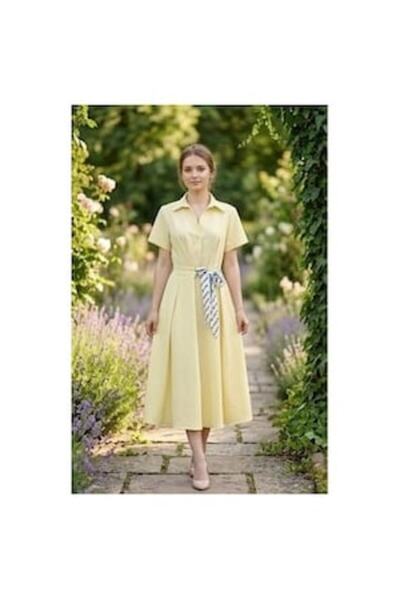 OEM Rochie-cămașă midi galbenă de damă cu talie elastică reglabilă