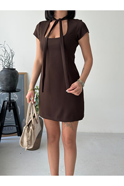 MEECY Γυναικείο Μίνι Φόρεμα Νέας Σεζόν με Τετράγωνο Γιακά και Δέσιμο στο Λαιμό