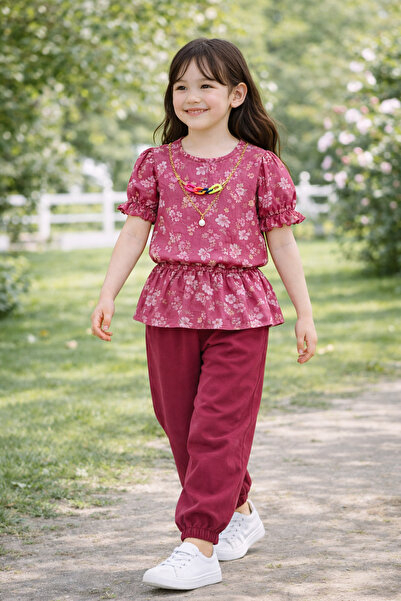 ÖZR LİFE ÖZR 19504-26 Σετ παντελόνι μπλούζας σιφόν για κορίτσια με λουλουδάτο...
