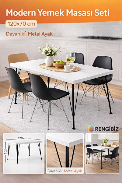 RENGİBİZ Modern Yemek Masası 120x70 cm | Metal Ayaklı Mutfak Masa Seti | 4-6 ...