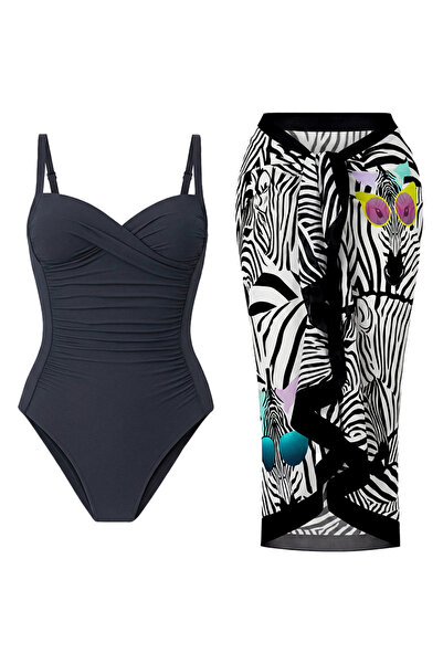 CUPSEA Γυναικείο μαγιό σε γκρι χρώμα με ντραπέ σχέδιο ζέβρα, σετ Pareo 2 τεμα...