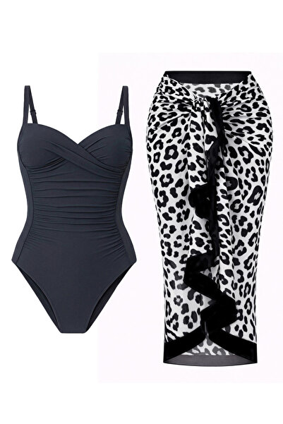 CUPSEA Γυναικείο μαγιό σε γκρι χρώμα με ντραπέ, μαύρο σχέδιο ζέβρας, σετ Pare...