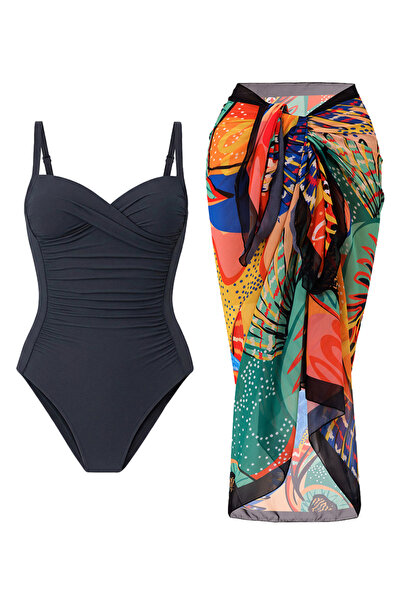 CUPSEA Γυναικείο μαγιό σε γκρι χρώμα με ντραπέ και πορτοκαλί σχέδιο με φύλλα,...