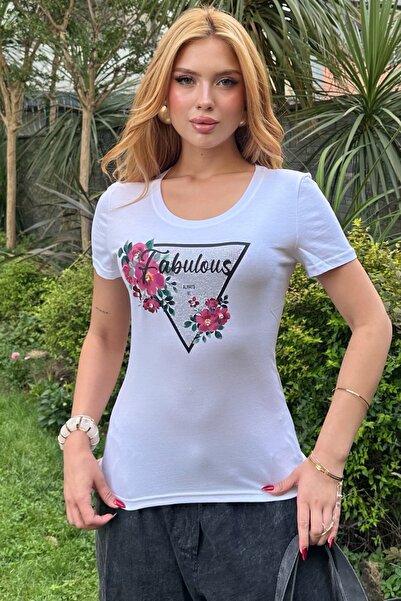 RICH GLAM Γυναικείο κοντομάνικο λευκό μπλουζάκι με φλοράλ και κρυστάλλινα σχέ...