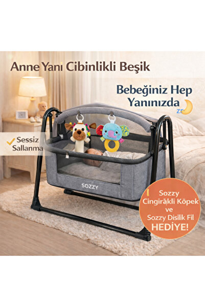Sozzy Anne Yanı Cibinlikli Beşik | Sallanır + Oyuncak Askı Barı + Hediyeli