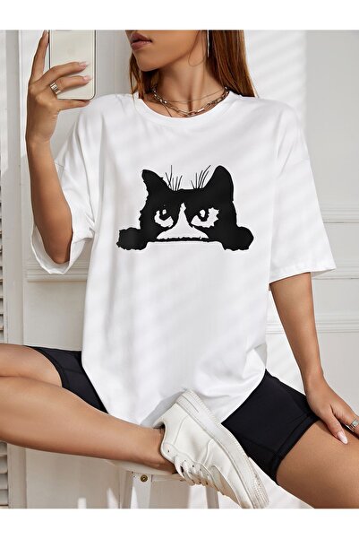 AZIZI TEKSTIL υπερμεγέθη μπλουζάκι με στάμπα τρομακτικής γάτας