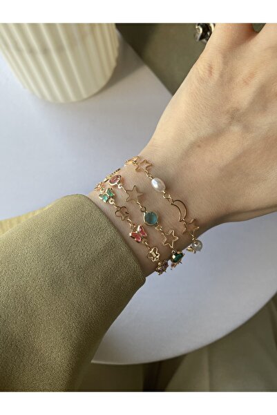 MARCİELO Accessories Kadın Bileklik Set - Ay Yıldız İnci Zincir, Renkli Yıldı...