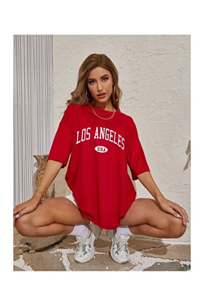 AZIZI TEKSTIL Oversize Unisex Λος Άντζελες γραπτό μπλουζάκι
