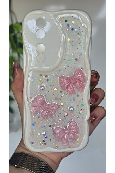 Magic Ring Honor 90 Uyumlu Pembe Fiyonk & İnci Detaylı Simli Epoksi Telefon K...
