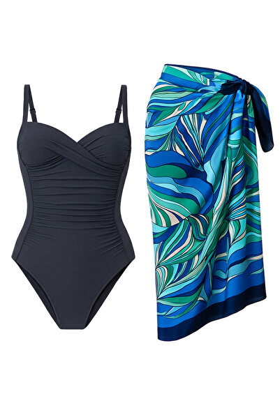 CUPSEA Γυναικείο μαγιό με ντραπέ γκρι χρώμα και μπλε μοτίβο, σετ 2 τεμαχίων, ...