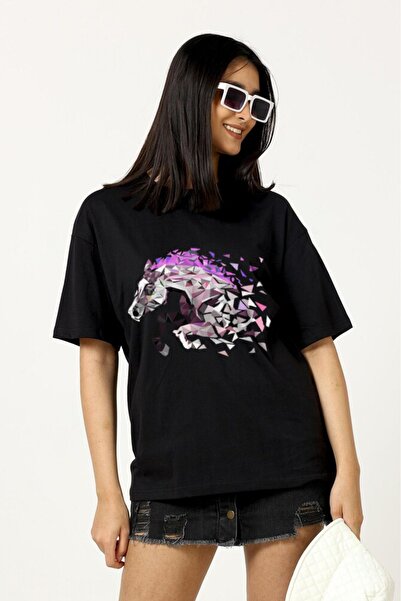 AZIZI TEKSTIL Γυναικείο βαμβακερό 100% oversized μπλουζάκι με στάμπα αλόγου, ...