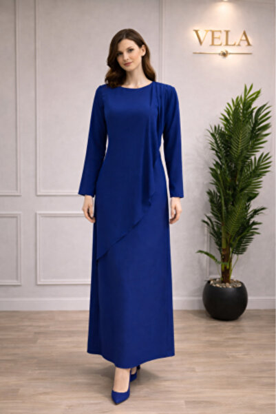 vela Royal Navy Blue Evening Dress with Streamer and Side Draping