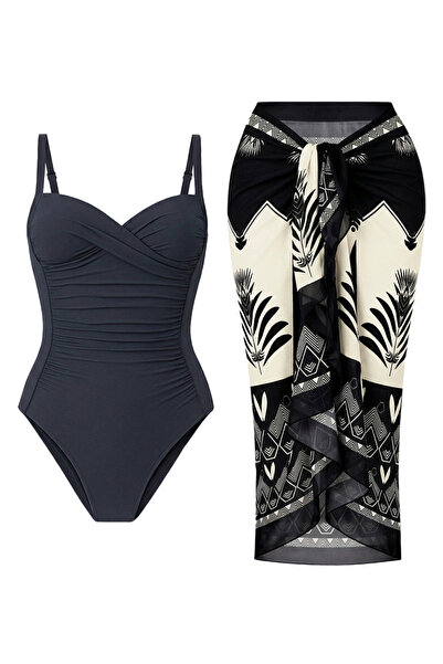 CUPSEA Γυναικείο γκρι μαγιό με γεωμετρικό σχέδιο Pareo σετ 2 τεμαχίων, κομψό ...