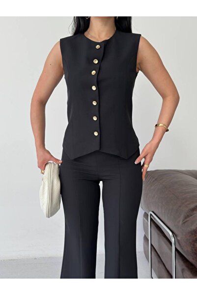 Ekim Store Buttoned Vest, High Waist, Slit-Cut Trousers Set