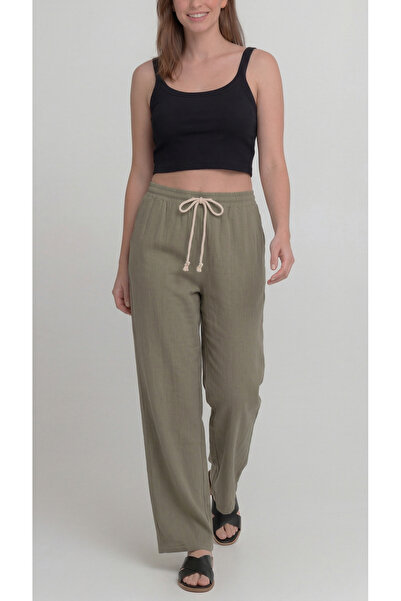 Leopars Pantaloni de muselină kaki pentru femei – Model Palazzo, cu picior la...