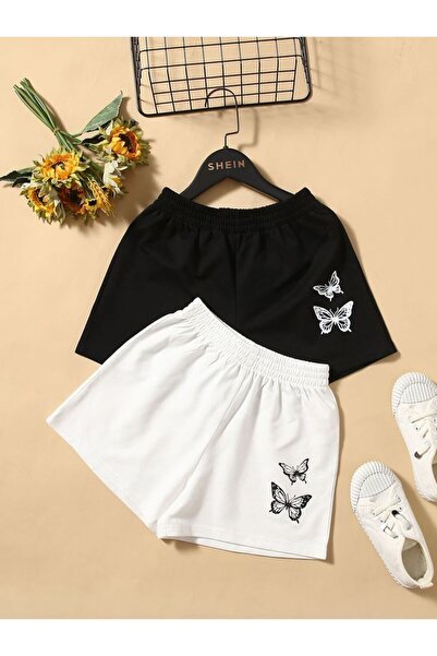 Kids شورت صيفي مزدوج للفتيات مطبوع عليه فراشة باللونين الأبيض والأسود