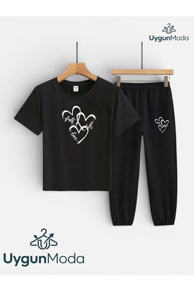 UygunModa Written 3-Heart Printed T-Shirt and Sweatpants (with Pocket on the ...