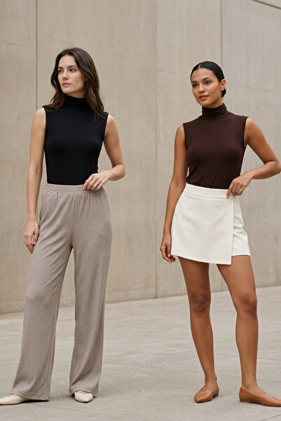 Ivoire Wear Women's 2-Piece Turtleneck Zero Sleeve Viscose Body Set Black Brown