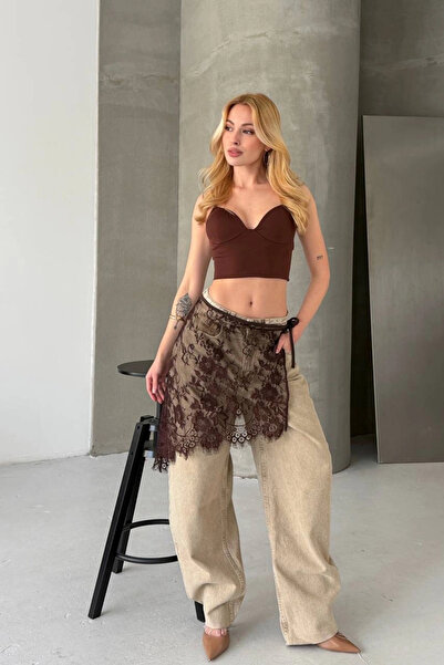 Lusin Γυναικεία Καφέ Κομψή Δαντελένια Φούστα Παρεό με Λεπτομέρεια Δεσίματος