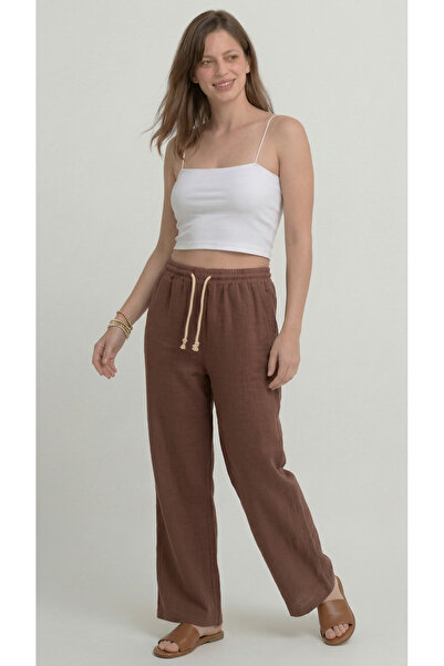 Leopars Pantaloni de muselină maro pentru femei – Model Palazzo, cu picior la...