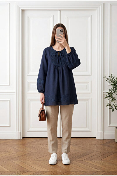 MODAQU Standard Size Garnished Modal Fabric Tunic - Navy Blue