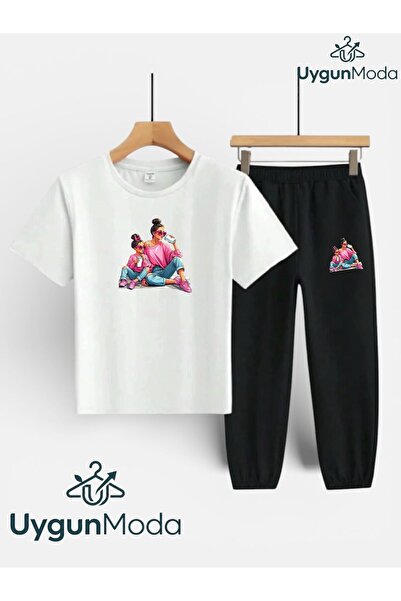 UygunModa Mother-Daughter Printed T-Shirt and Sweatpants (Sweatpants with Poc...