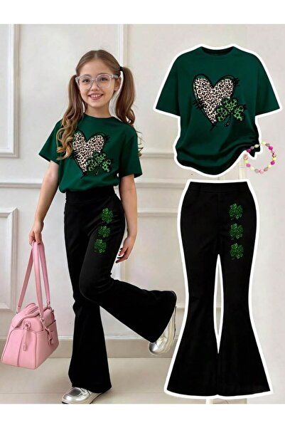 Kids Καλοκαιρινό σετ για κορίτσια με στάμπα τριφυλλιού και καρδιάς, πράσινο μ...