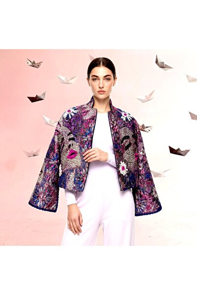 FAAYRA fashionhouse ceket taş işlemleli jakar kumaş mor ceket