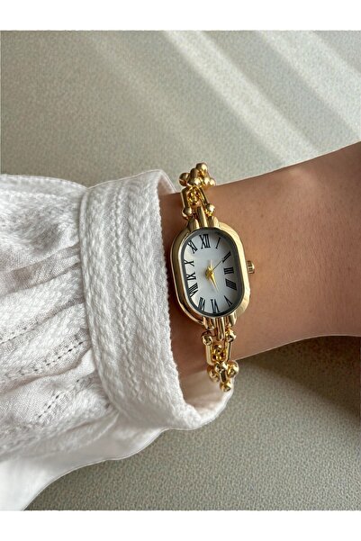 Vola Collection Beyaz Oval Kasa Zincir Kordonlu Çelik Gold Minimal Kadın Kol ...