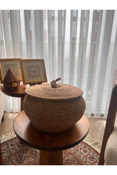 Türkmen Ev Tekstil Jute, Wicker, Covered Basket, Kitchen Basket, Organizer, Decor, Bathroom Basket