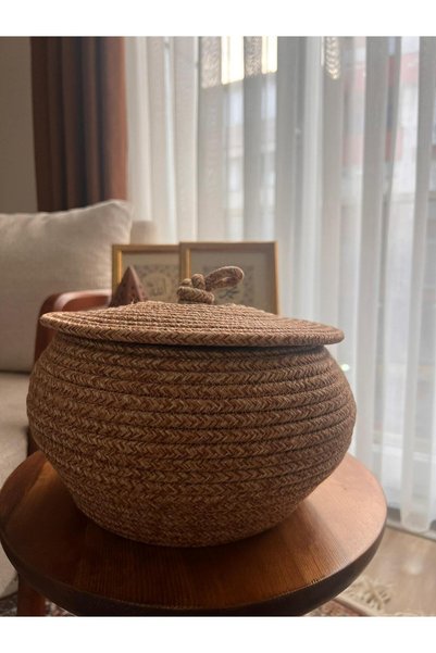 Türkmen Ev Tekstil Jute, Wicker, Covered Basket, Kitchen Basket, Organizer, Decor, Bathroom Basket