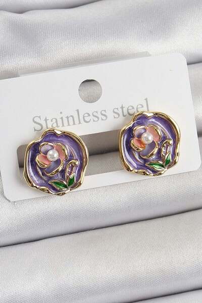 Inure Jewelry أقراط نسائية من النحاس الأرجواني المينا على شكل زهرة فنية باللو...