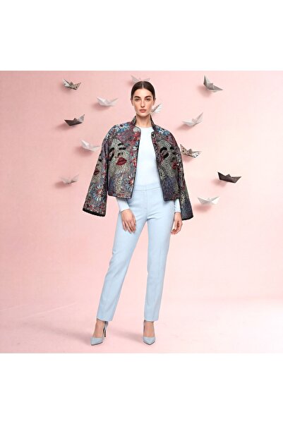 FAAYRA fashionhouse ceket taş işlemli jakar kumaş mavi ceket