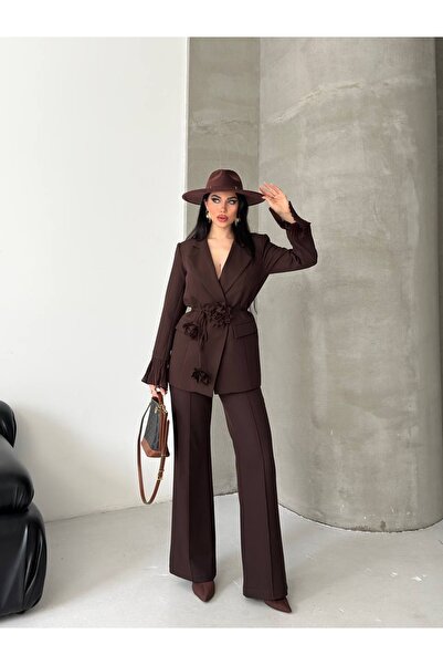 Celiora Women's Floral Detailed Double-Breasted Blazer Jacket and Trousers Se...