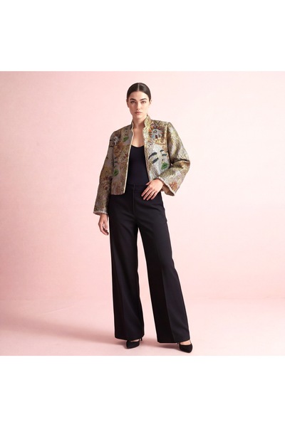 FAAYRA fashionhouse ceket ceket taş işlemeli jakar kumaş kahve renki ceket