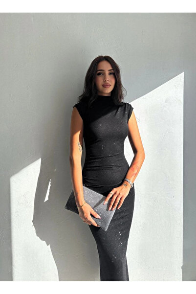 STYLİSH TOUCH Γυναικείο μακρύ φόρεμα από ύφασμα Lycra Glitter με σκίσιμο στο ...