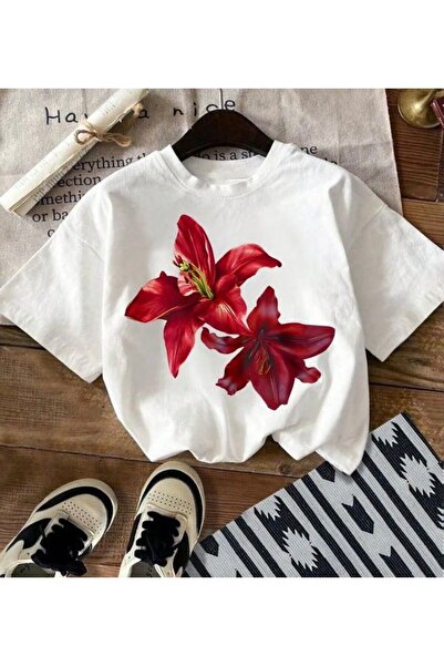 LELVANİ γυναικείο μπλουζάκι με στάμπα κόκκινου λουλουδιού κρίνου