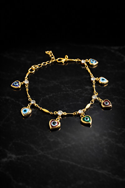 LuneraBag Evil Eye Beaded Heart Detailed Anklet – Gold Color Adjustable Women...
