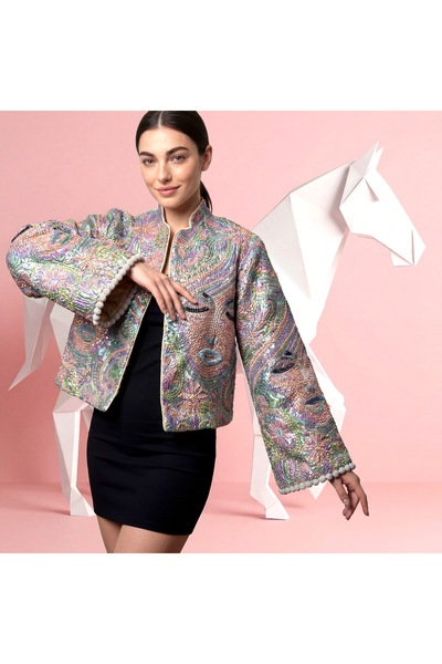 FAAYRA fashionhouse ceket taş işlemli jakar kumaş pembe renki