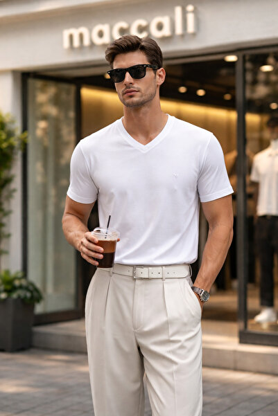 Maccali Tricou alb de vară pentru bărbați, din bumbac, cu decolteu în V