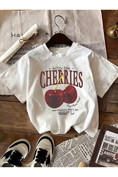 AEMİ Unisex Cherries Printed Oversize Crew Neck T-Shirt