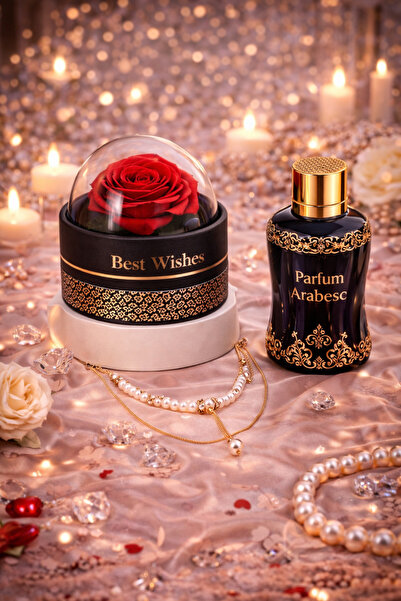 A2Z Set Cadou Premium cu Trandafir Etern, Colier Auriu cu Perle si Un Parfum ...
