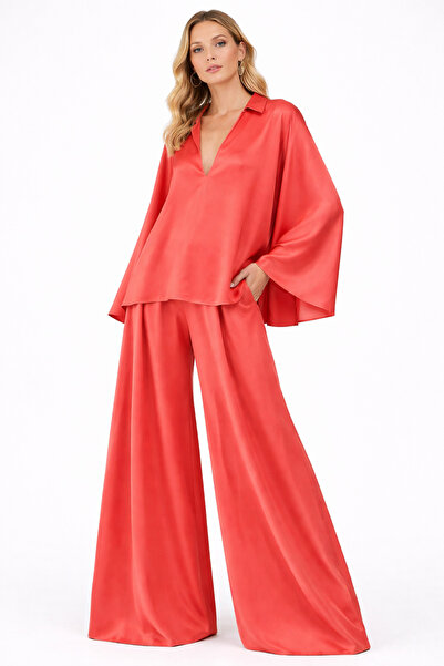 UNTIMELY A-Line Loose Blouse & Wide-Leg Pants Satin Set