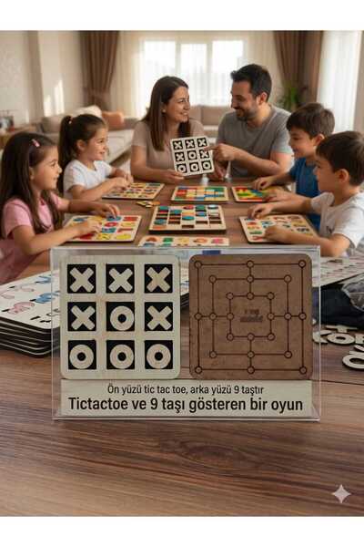 Bigibigi Xox Ahşap Çift Taraflı Zekâ Oyunu Tictactoe & 9 Taş 2 Oyun Bir Arada Montessori Eğitici Oyun 20x20cm