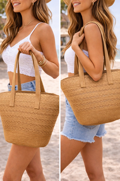 ZERAMİNE Γυναικεία ψάθινη τσάντα παραλίας Camel, Καλοκαιρινή πλεκτή τσάντα γι...