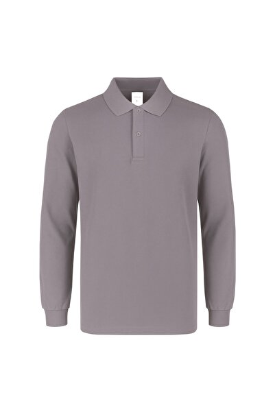 RELAXIA Men's Gray Long Sleeve Polo Collar Business T-Shirt 100% Cotton Butto...