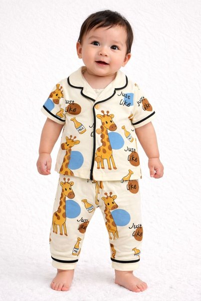 derin baby 100% Cotton Short Sleeve Buttoned Summer Girls Boys Unisex Giraffe Milk Patterned Baby Kids Pajama Set