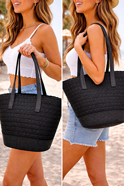 ZERAMİNE Black Women's Straw Beach Bag Summer Woven Tote Daily Use Stylish an...